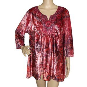 Energe World Wear Womens Tunic 2X Pink Orange Velvet Boho Crochet Studded v-neck